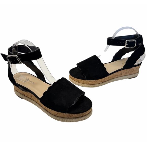 Marc Fisher Faithful Faitful Wedge Espadrilles Sandals Black Suede Leather 8 M - Picture 1 of 11